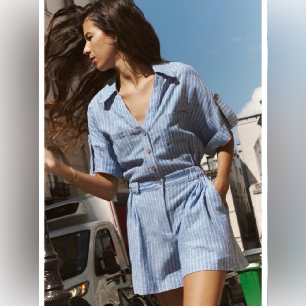 Zara Light Blue Striped Linen-Blend Two-Piece Set